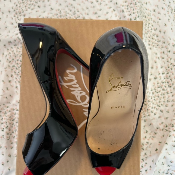 Christian Louboutin Black Patent Peep-Toe Pumps with Red Toe Caps - Picture 3 of 5
